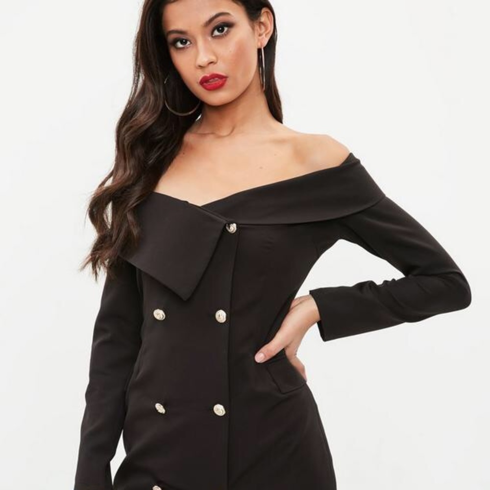 Missguided black bardot gold button blazer dress